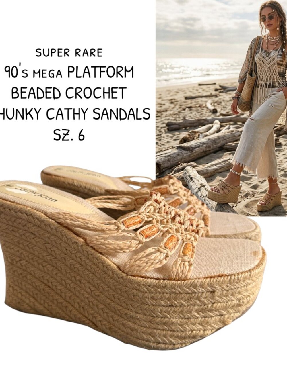 VERY RARE 90'S MEGA PLATFORM CROCHET BEADED CATHY SANDALS‎ WEDGES SZ.6 LIKE NEW